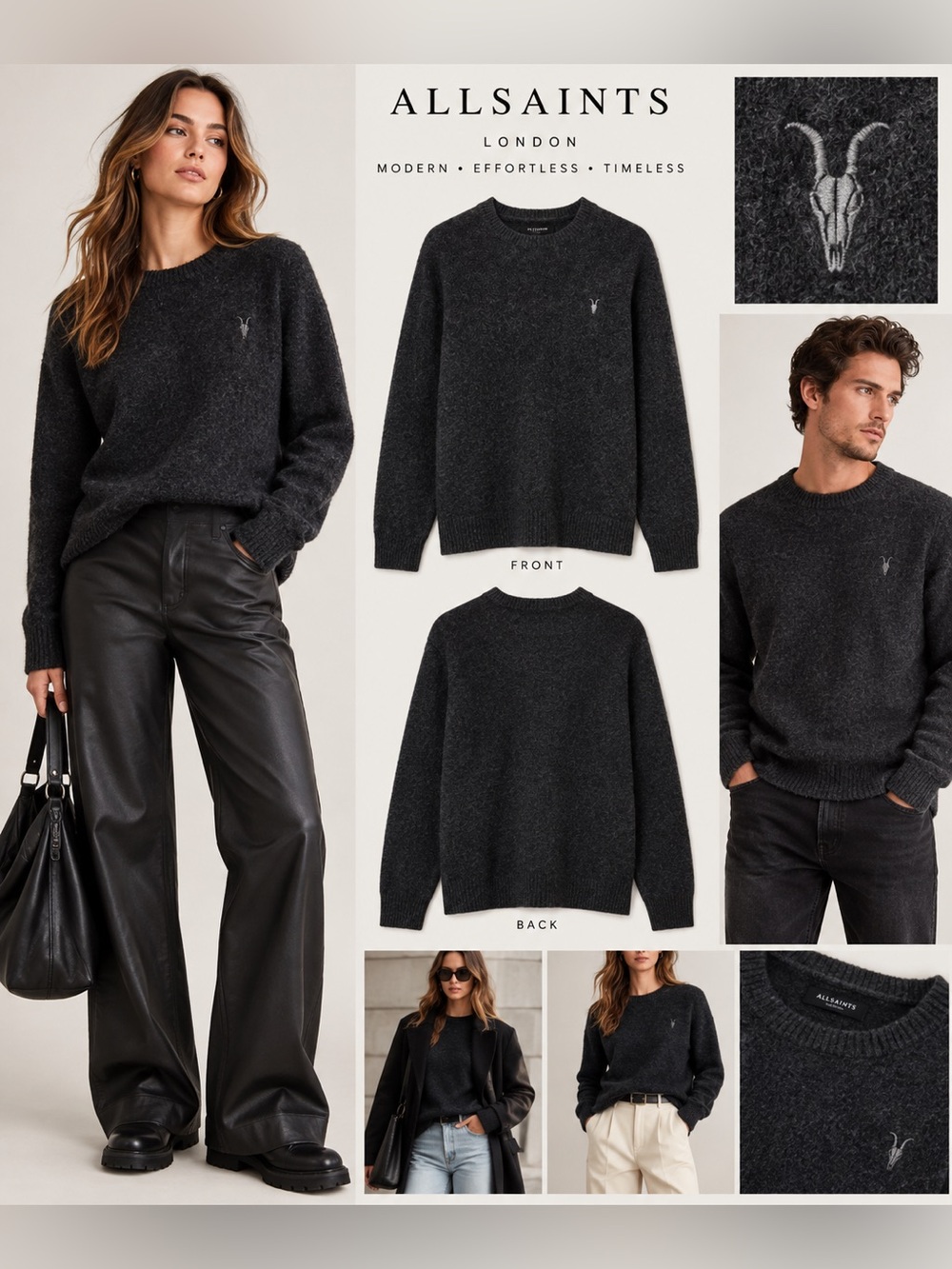 Men’s AllSaints Ramskull Sweater XL Black Wool Blend Crewneck Minimalist Unisex